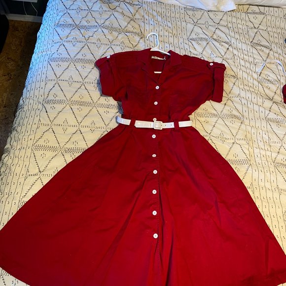 Bettie Page Mid Length A-Line Button Down Red Dress - Size Small Pin up Retro - Picture 5 of 5